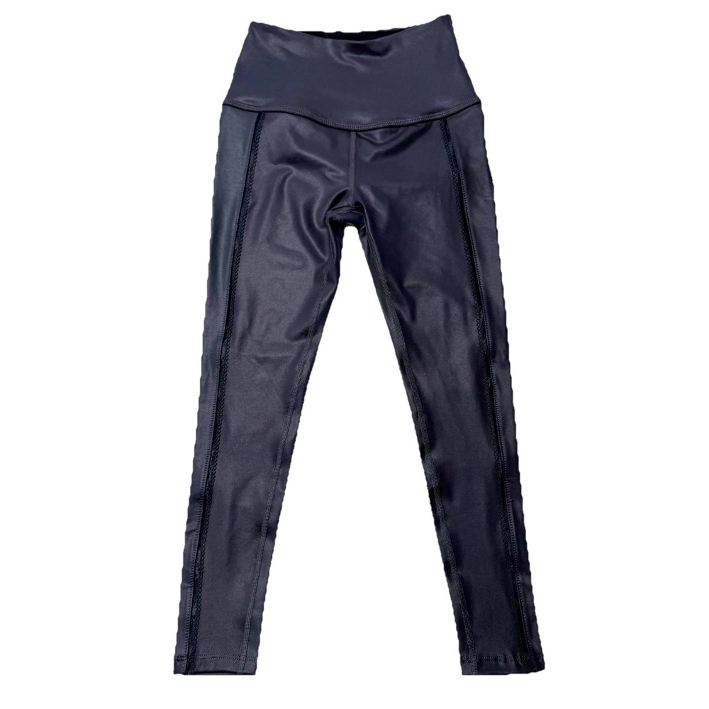 Beyond Yoga Navy Blue Faux Leather Leggings Lace Trim Detailing Size XS Pilates